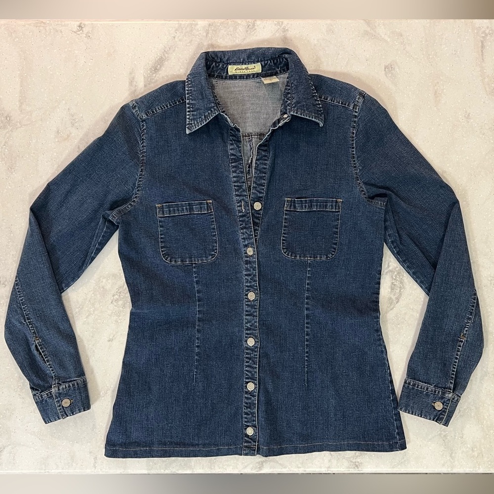 EUC Eddie Bauer Vintage 90’s Up Cycled Denim Fitted Shirt Size Large Tall